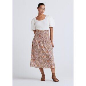 💕DEREK LAM 10 CROSBY Madani Linen Blend Smocked Skirt Light Khaki Floral 12 NWT